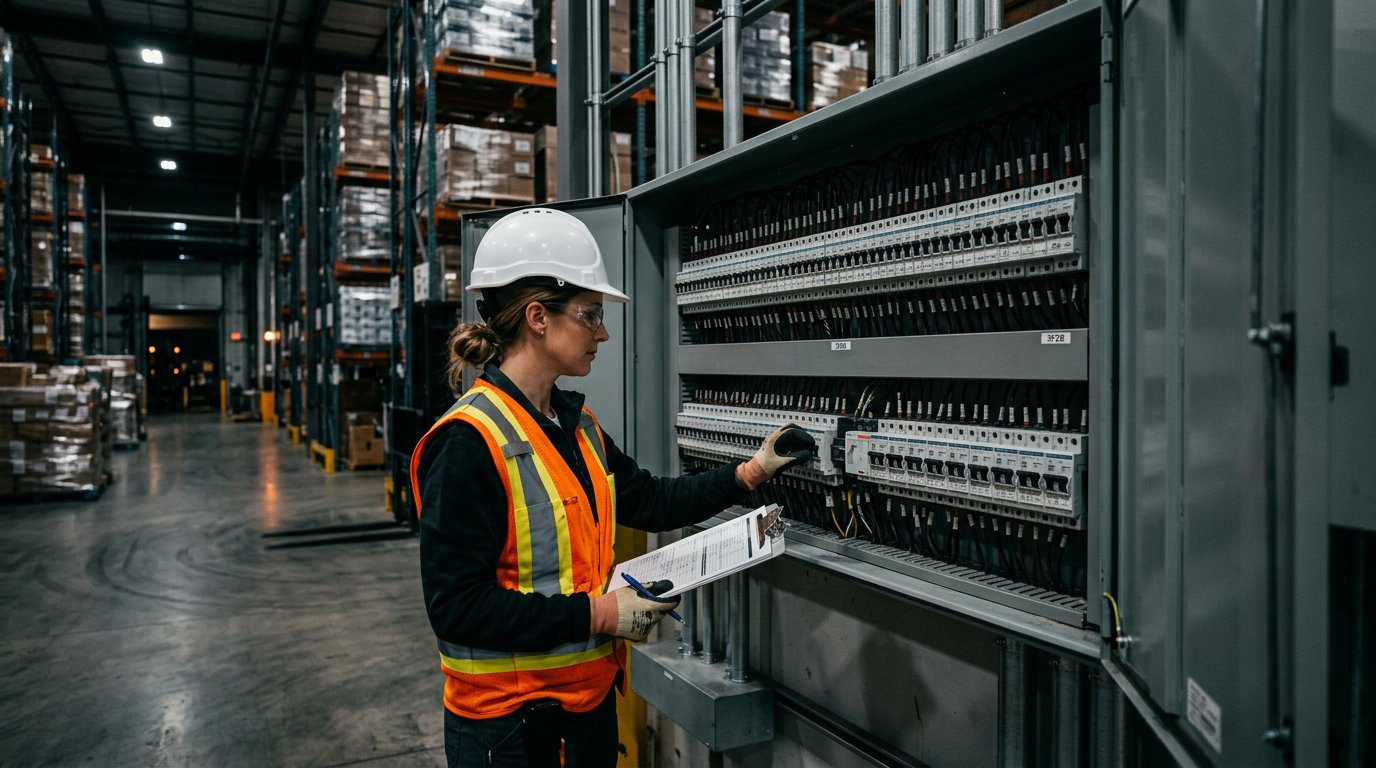 Electrician inspecting a commercial distribution board in a Dublin warehouse