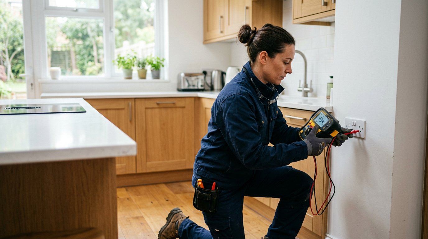 Electrician testing a socket outlet with a digital test instrument in Dublin