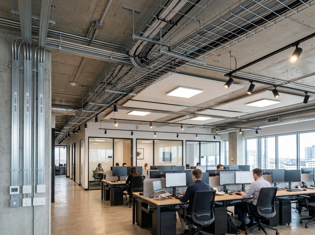 Commercial office electrical installation with cable basket trunking